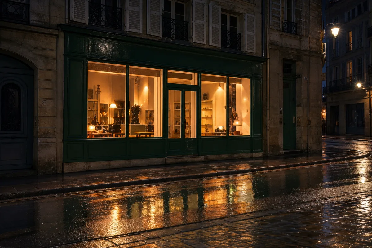 Vitrine d’une librairie de quartier en fin de journée, lumière chaude et pluie fine sur le trottoir