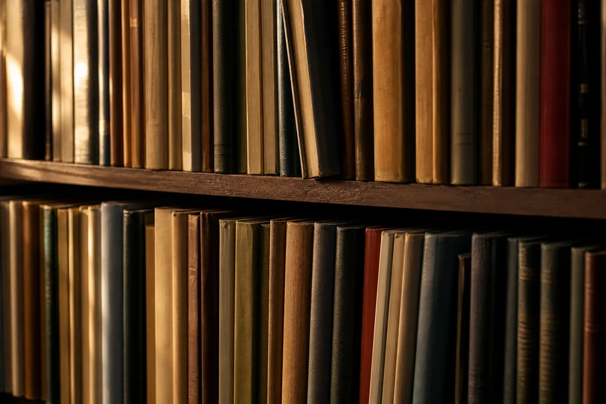 Rayonnages de bois clair dans une petite librairie, lumière rasante de fin d’après-midi sur les tranches