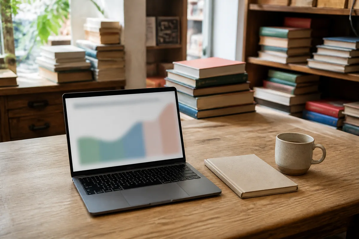 Comptoir d&rsquo;arrière-boutique de librairie avec un ordinateur portable ouvert et un carnet