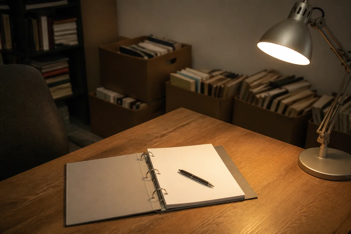 Petit bureau d&rsquo;arrière-boutique avec classeur ouvert et lampe allumée sur des feuilles vierges