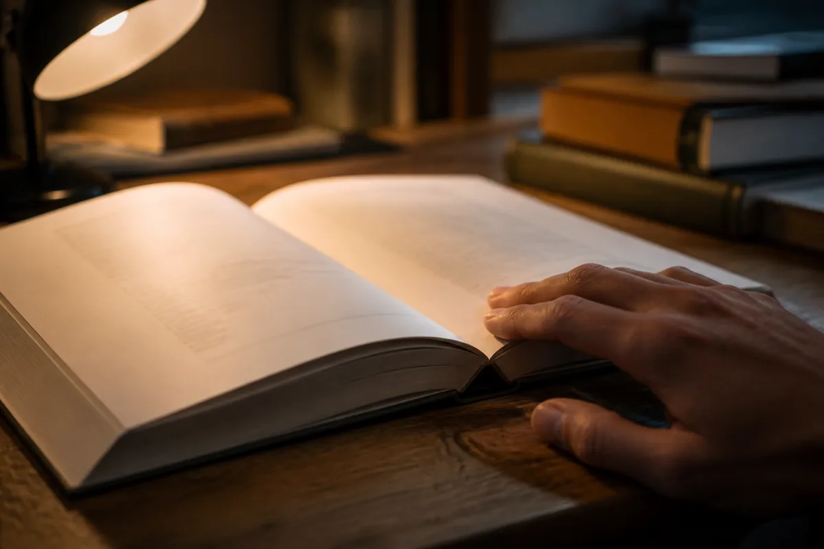 Pages ouvertes d’un livre posé à plat sous une lampe d’atelier, marges larges et papier ivoire