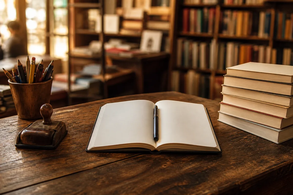 Comptoir de librairie en bois avec un carnet de commandes ouvert et une pile de livres vus de tranche