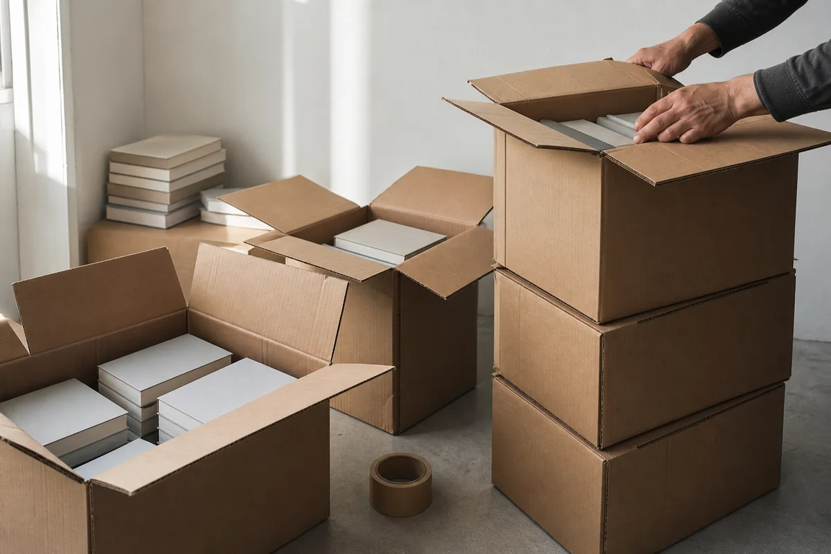 Cartons ouverts de livres neufs empilés dans une réserve, lumière rasante de fin de journée
