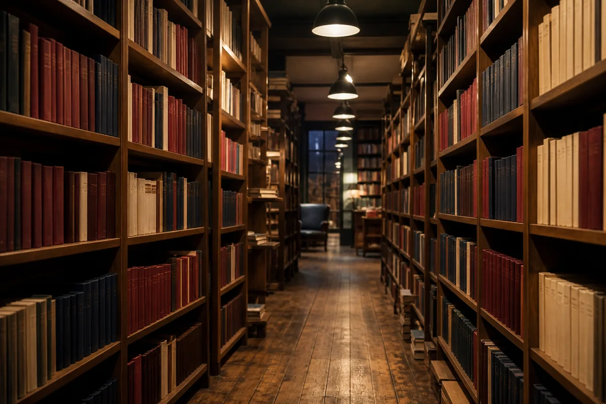 Rayonnage de librairie vu en enfilade, tranches de livres serrées et lumière chaude sur le bois