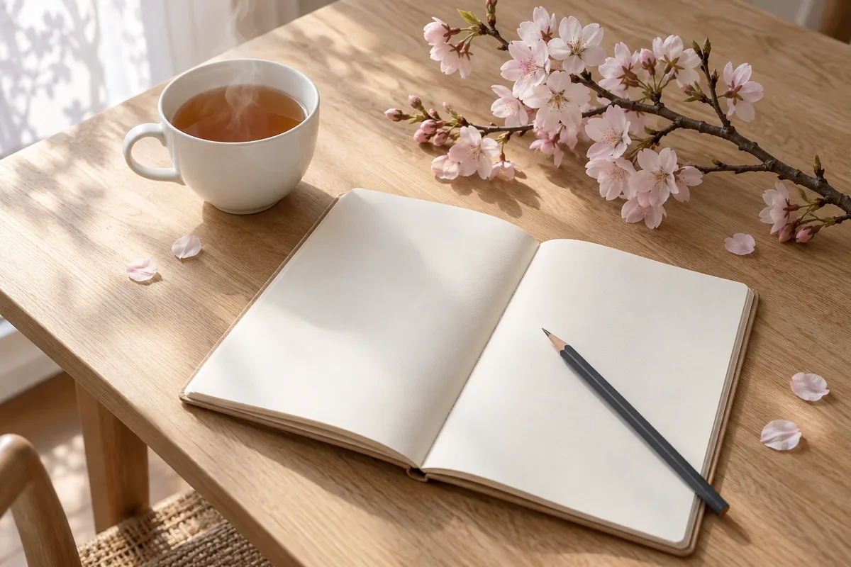 Carnet ouvert posé près d&rsquo;une tasse de thé et d&rsquo;une branche de cerisier en fleur sur une table en bois clair