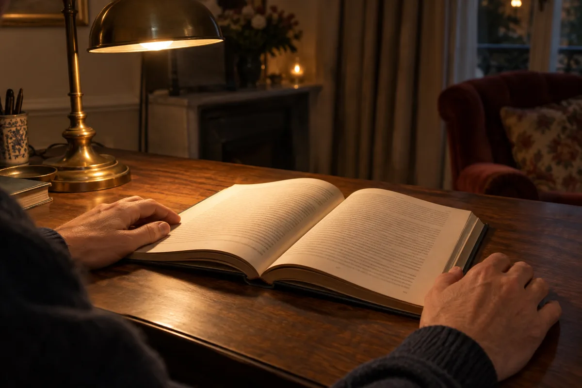 Mains posées à plat sur un livre ouvert sous une lampe de bureau, lumière chaude du soir dans un salon