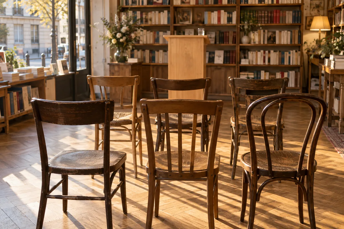 Rangée de chaises en bois vides face à un pupitre dans une librairie de quartier, lumière dorée de fin de journée