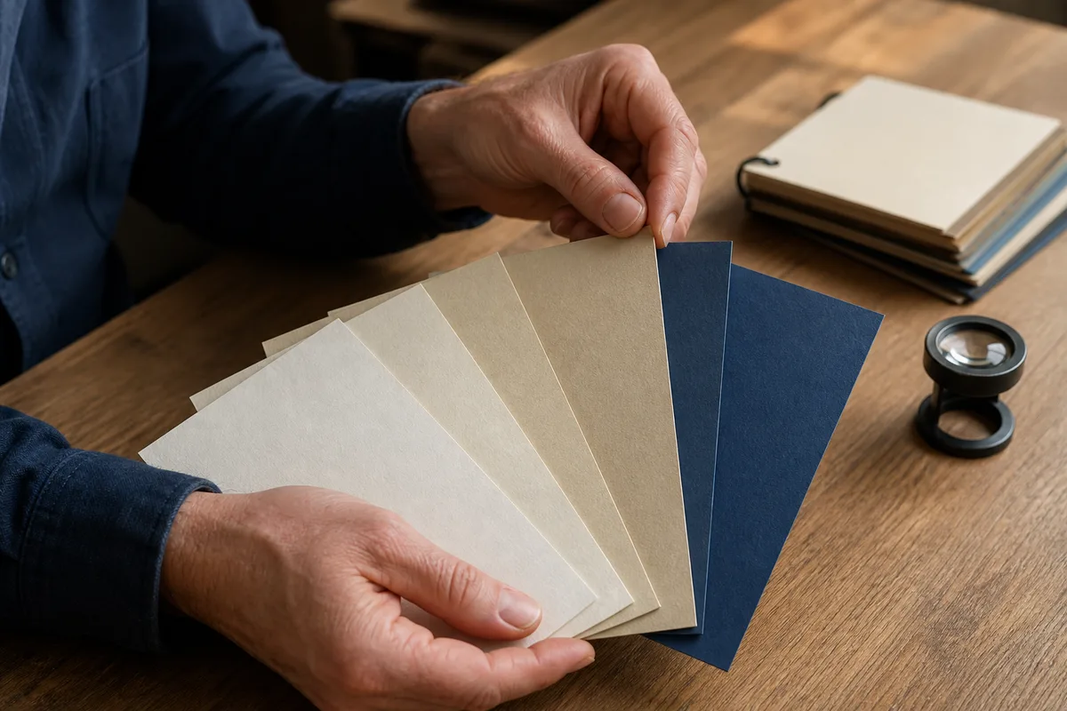 Mains disposant des échantillons de papier de couleur unie sur une table de travail