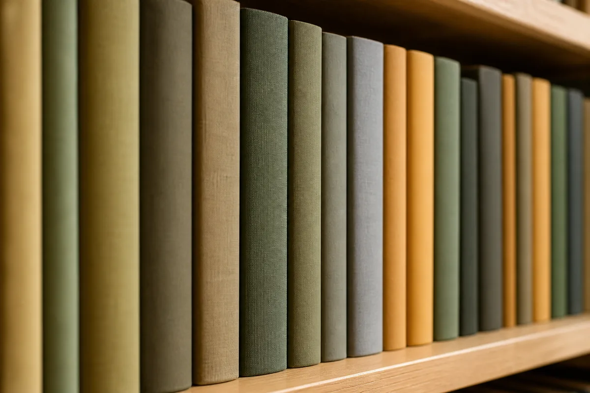 Rangée de dos de livres unis serrés sur une étagère en bois clair, faible profondeur de champ