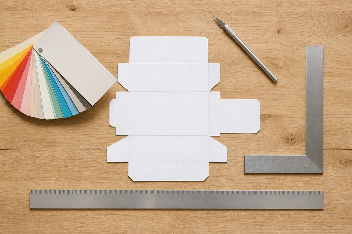 Table d&rsquo;atelier vue de dessus avec règle graduée, cutter, feuilles blanches pliées en gabarit et nuancier de couleurs