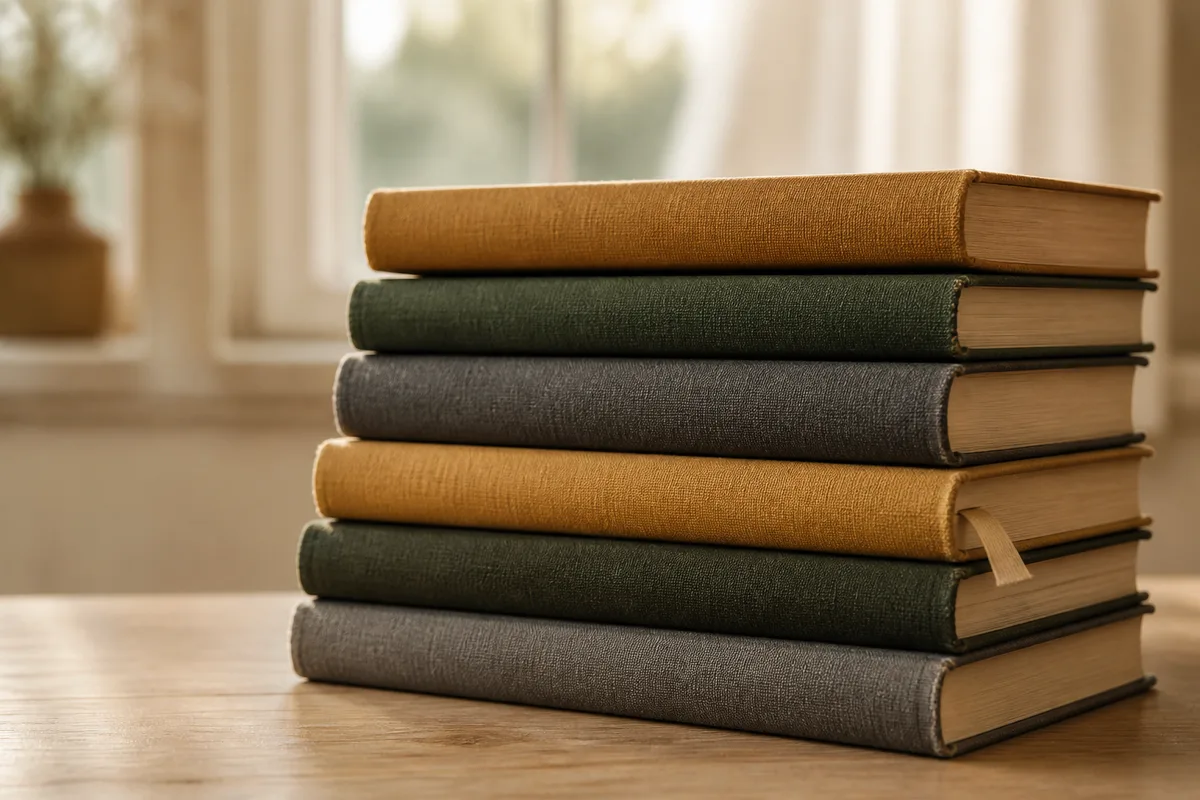 Pile de livres reliés fermés posée sur une table en bois clair, lumière douce de fenêtre