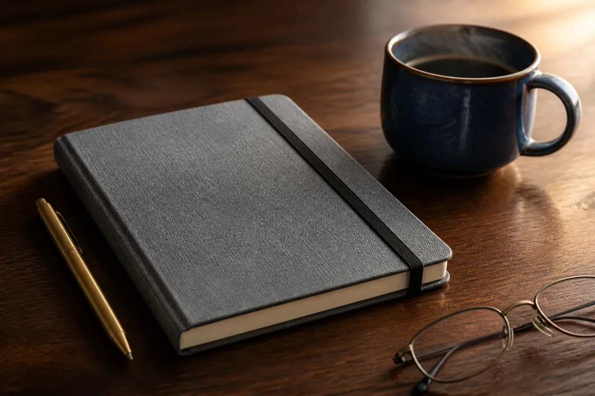 Carnet de notes refermé et stylo posés près d’une tasse sur un bureau, lumière rasante du matin