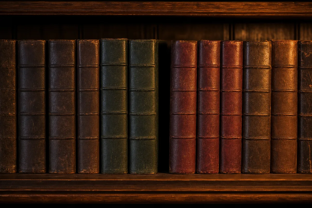 Rayonnage de livres anciens reliés en cuir uni, tranches alignées dans une lumière tamisée