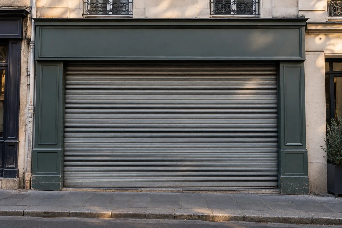 Devanture de librairie de quartier au rideau métallique baissé, façade sobre sans enseigne lisible
