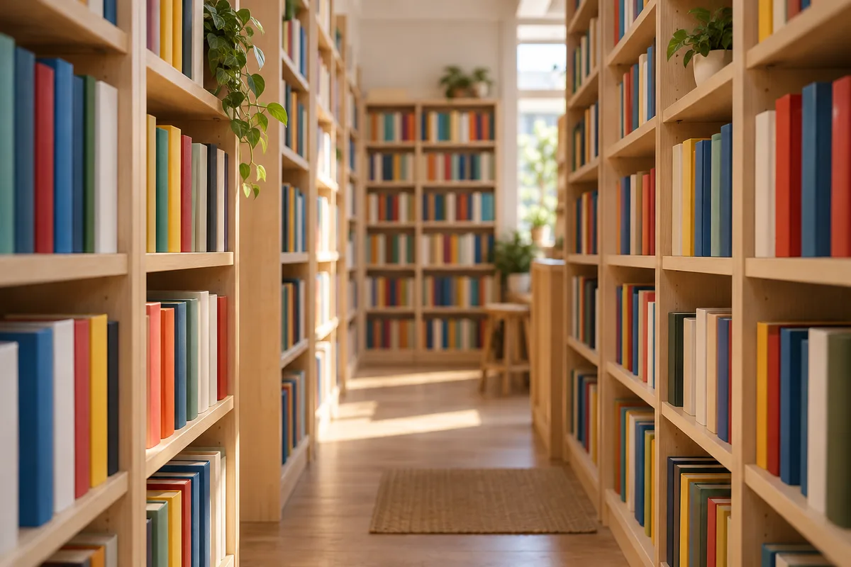 Rayonnages de livres aux dos unis vus en enfilade dans une salle silencieuse