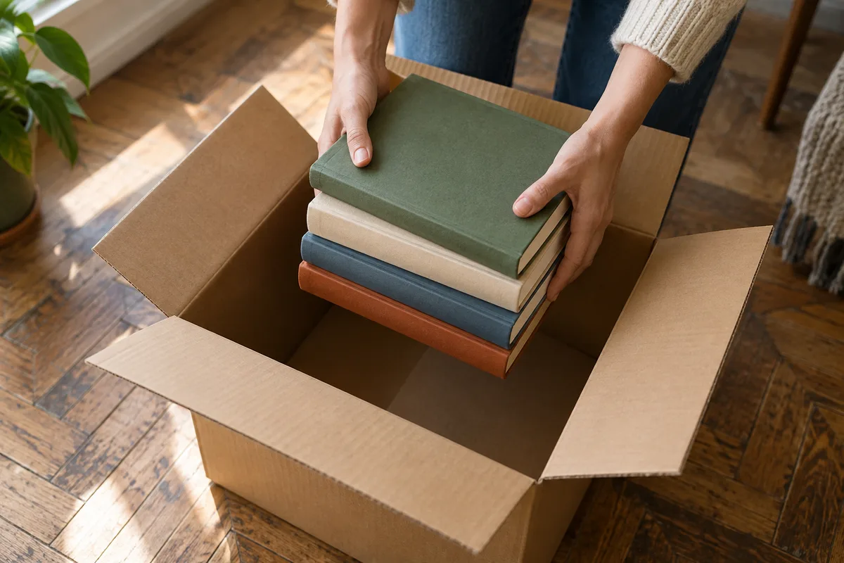 Mains rangeant des livres dans un carton ouvert posé sur un parquet