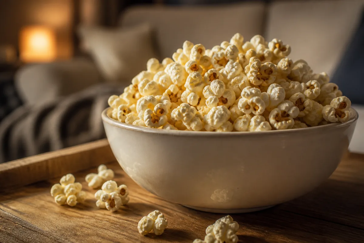 Bol de pop-corn nature en gros plan sur une table basse en bois