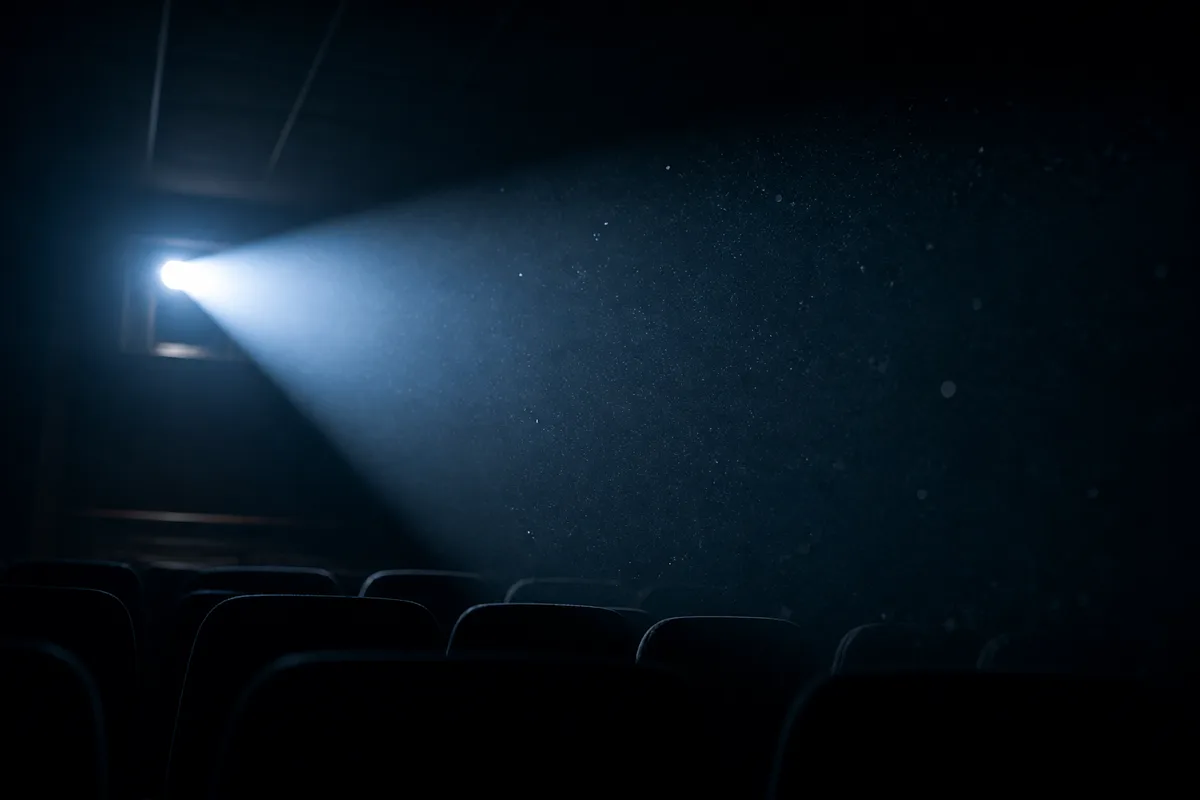 Faisceau de projection traversant la poussière au-dessus des sièges d&rsquo;une salle obscure
