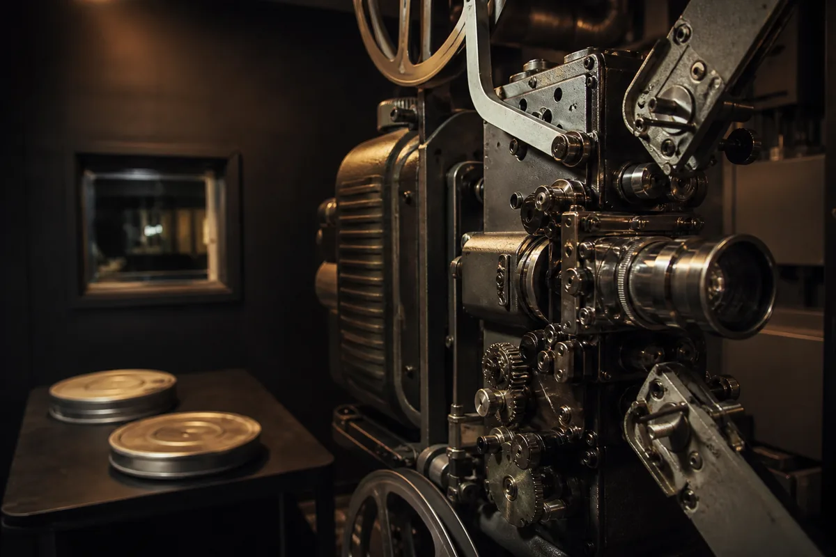 Projecteur 35 mm en cabine avec bobines métalliques posées à côté