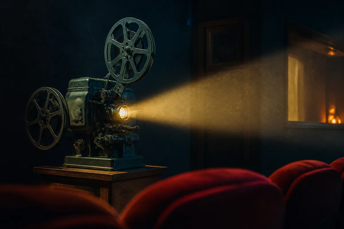 Vieux projecteur de cinéma posé sur un guéridon face à des sièges rouges