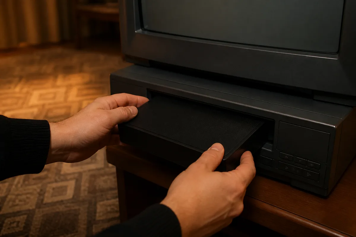Mains insérant une cassette vidéo dans un magnétoscope posé sous une télévision