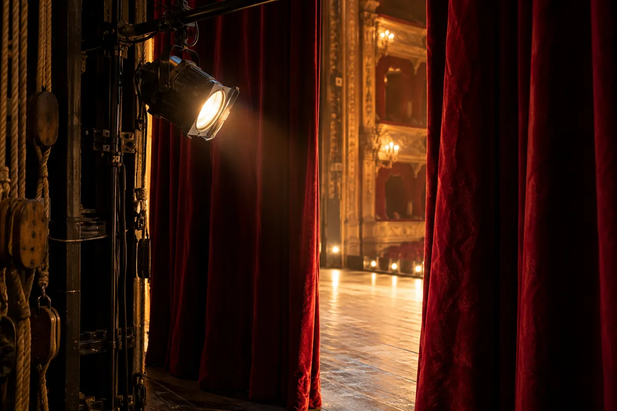 Coulisses de théâtre avec un rideau de velours entrouvert et un projecteur allumé