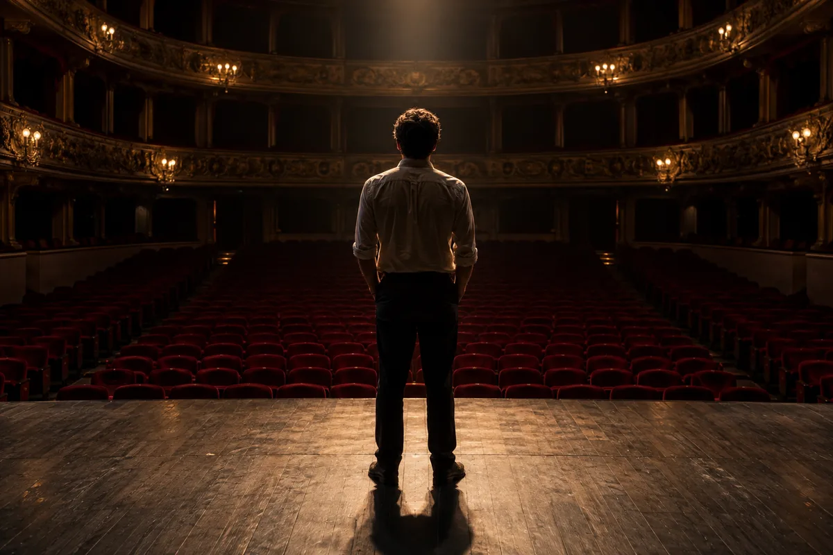 Silhouette d&rsquo;un comédien vu de dos sur une scène, face à une salle vide plongée dans la pénombre