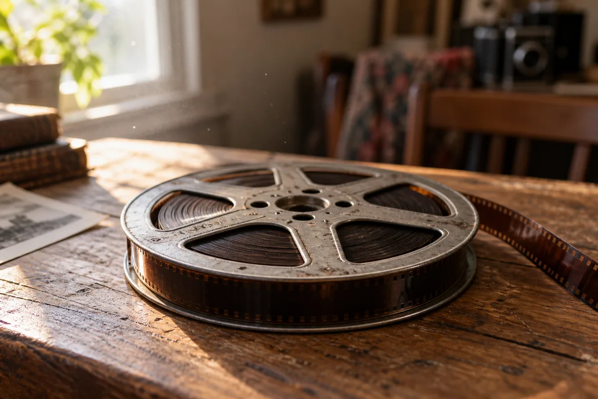 Bobine de film ancienne posée sur une table en bois patinée, dans la lumière d&rsquo;une fenêtre
