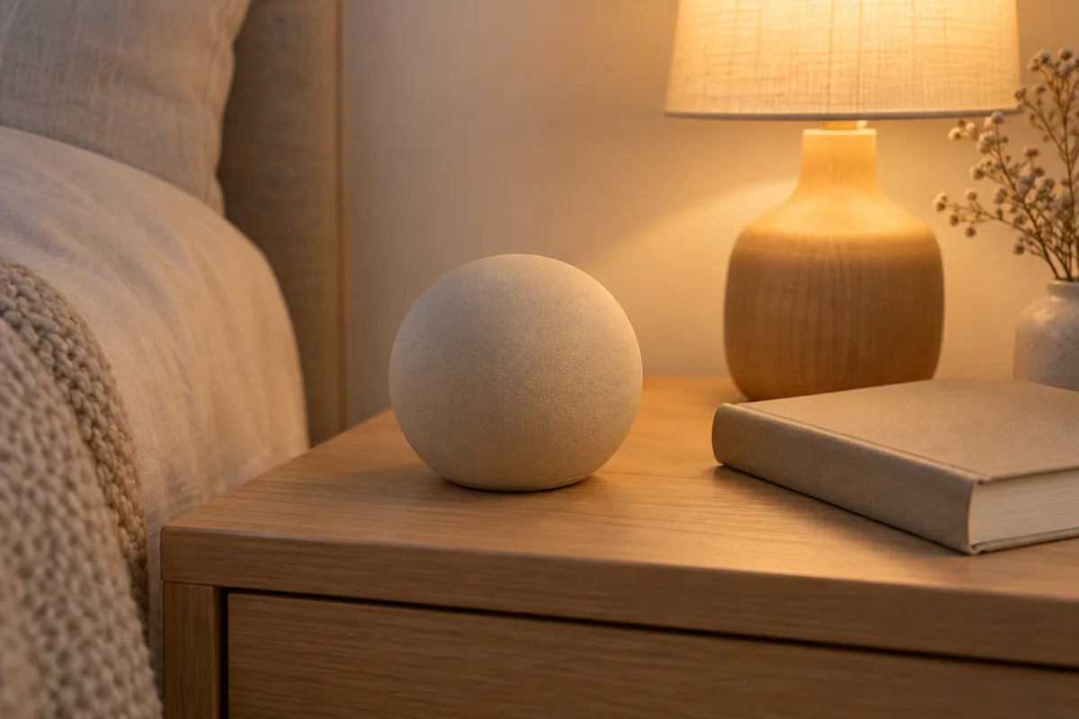 Enceinte ronde unie posée sur une table de nuit près d’un livre