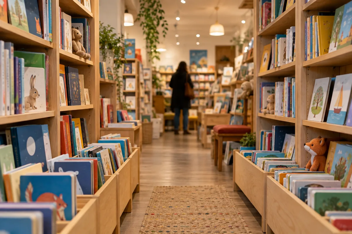 Rayon jeunesse d’une librairie vu de dos