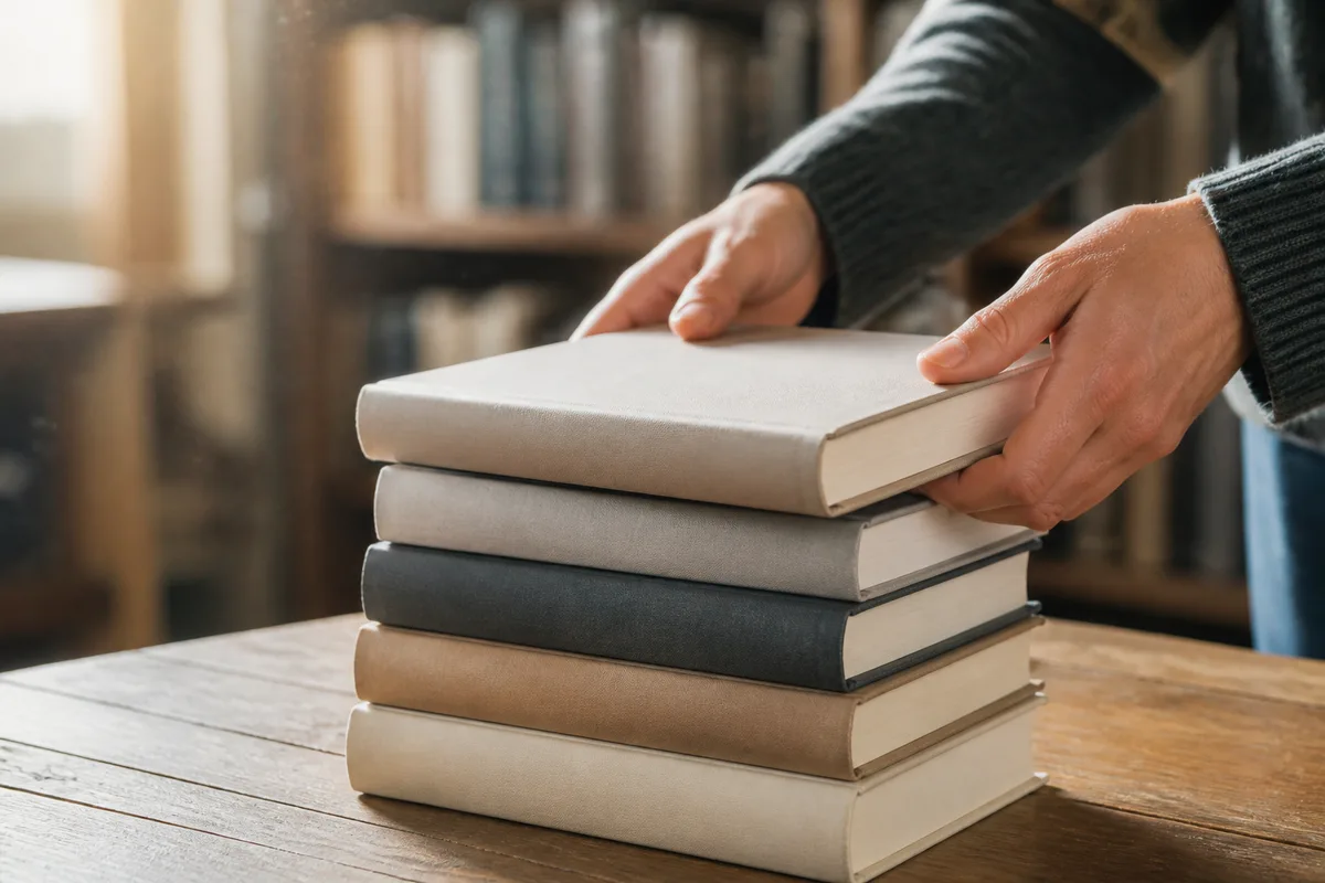 Mains d&rsquo;un libraire empilant des livres à couverture unie sur un comptoir en bois clair