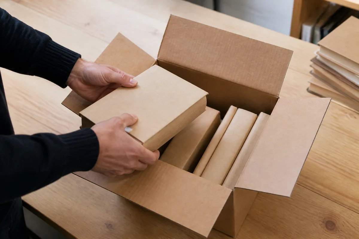 Comptoir de bois clair avec un carton brun uni ouvert et deux mains préparant un colis