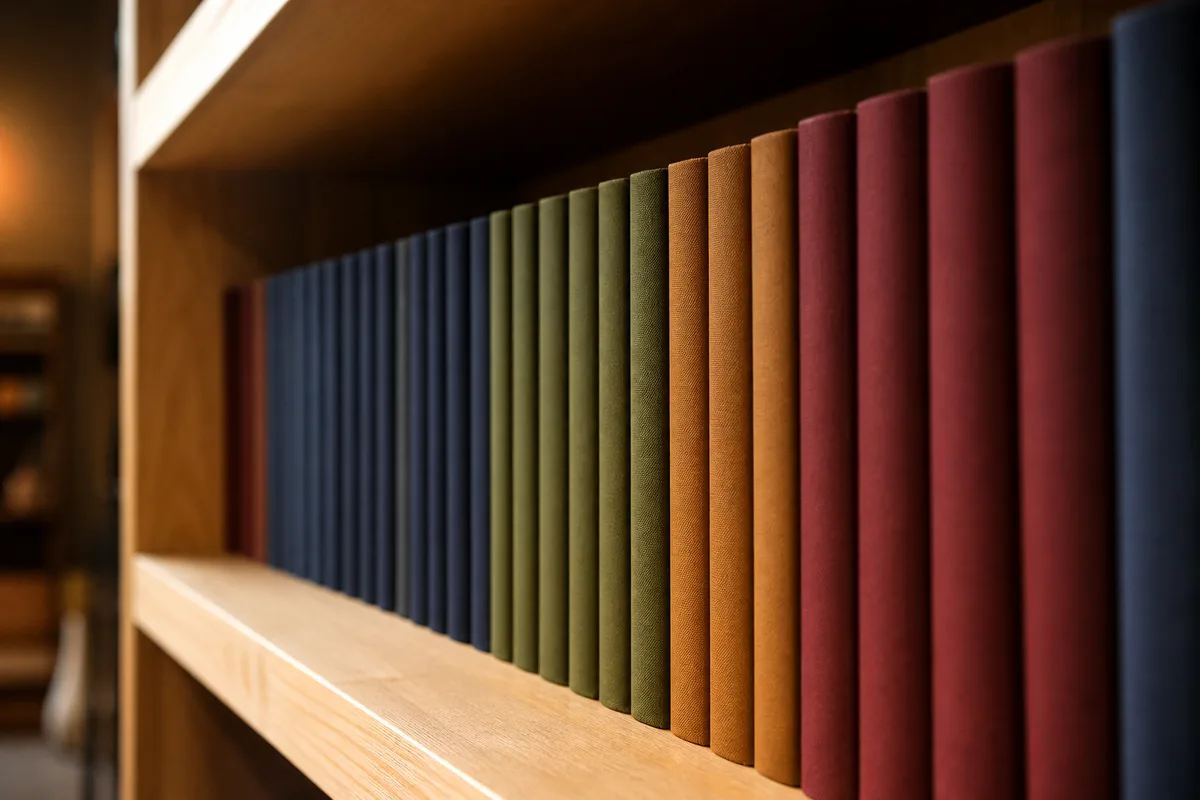 Rayonnage de bois clair vu en plongée avec des tranches de livres colorées alignées