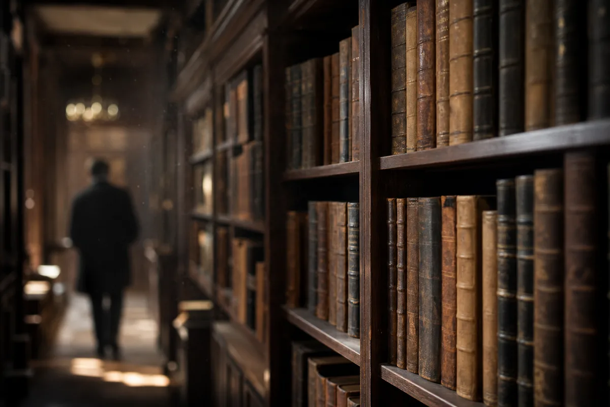 Rayonnage de livres anciens reliés dans une bibliothèque en bois sombre