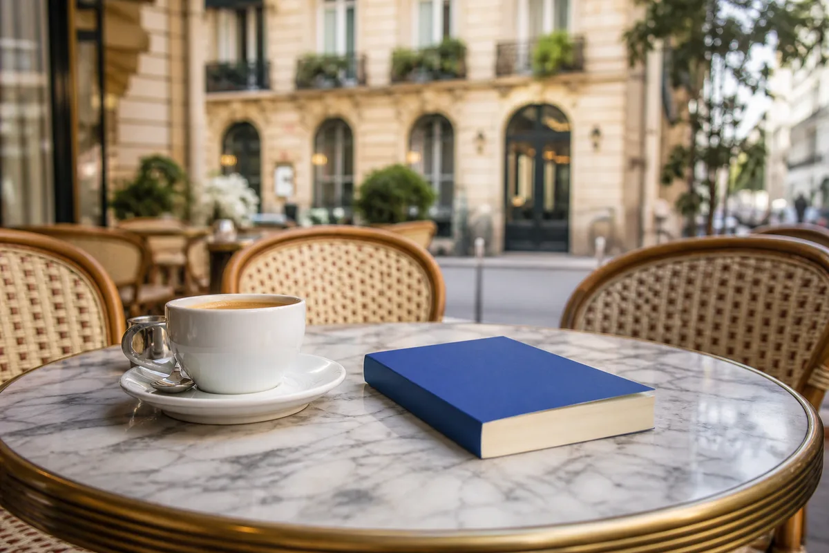Roman de poche et tasse de café sur une table de café parisien