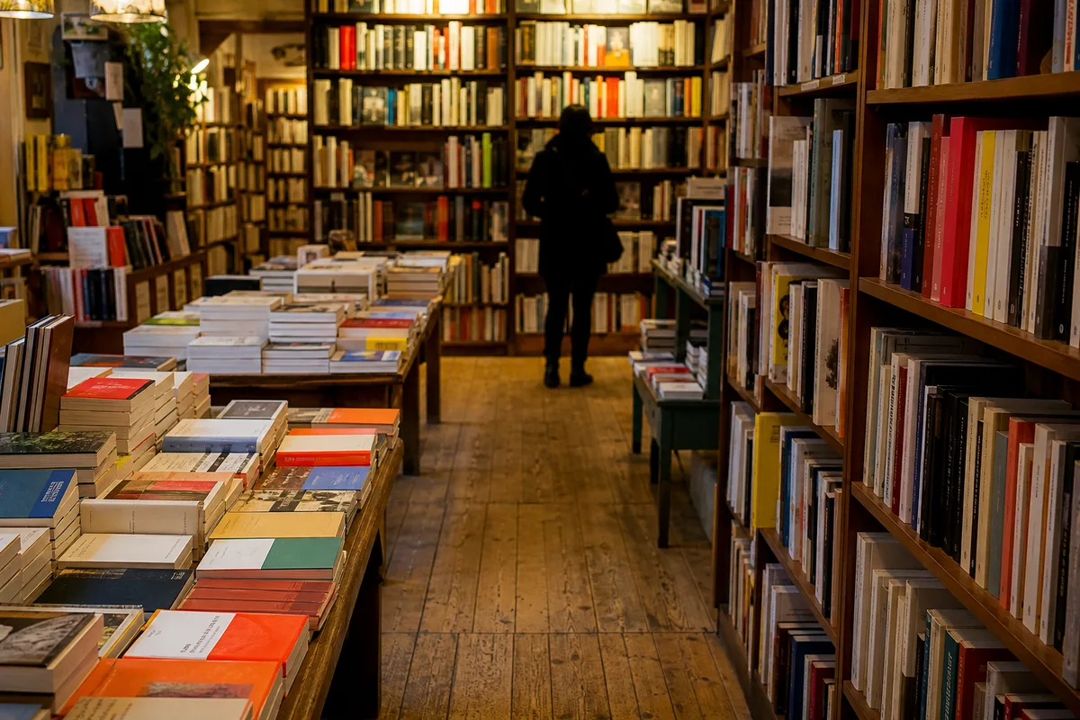 Allée d&rsquo;une librairie indépendante avec tables de présentation garnies de livres