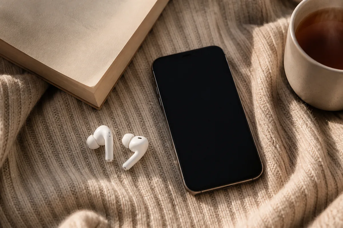 Écouteurs Bluetooth et téléphone à écran sombre posés sur un plaid de laine près d&rsquo;un roman ouvert