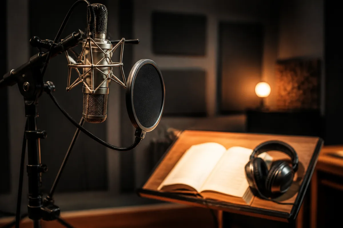 Micro de studio sur pied avec filtre anti-pop devant un pupitre en bois portant un ouvrage ouvert