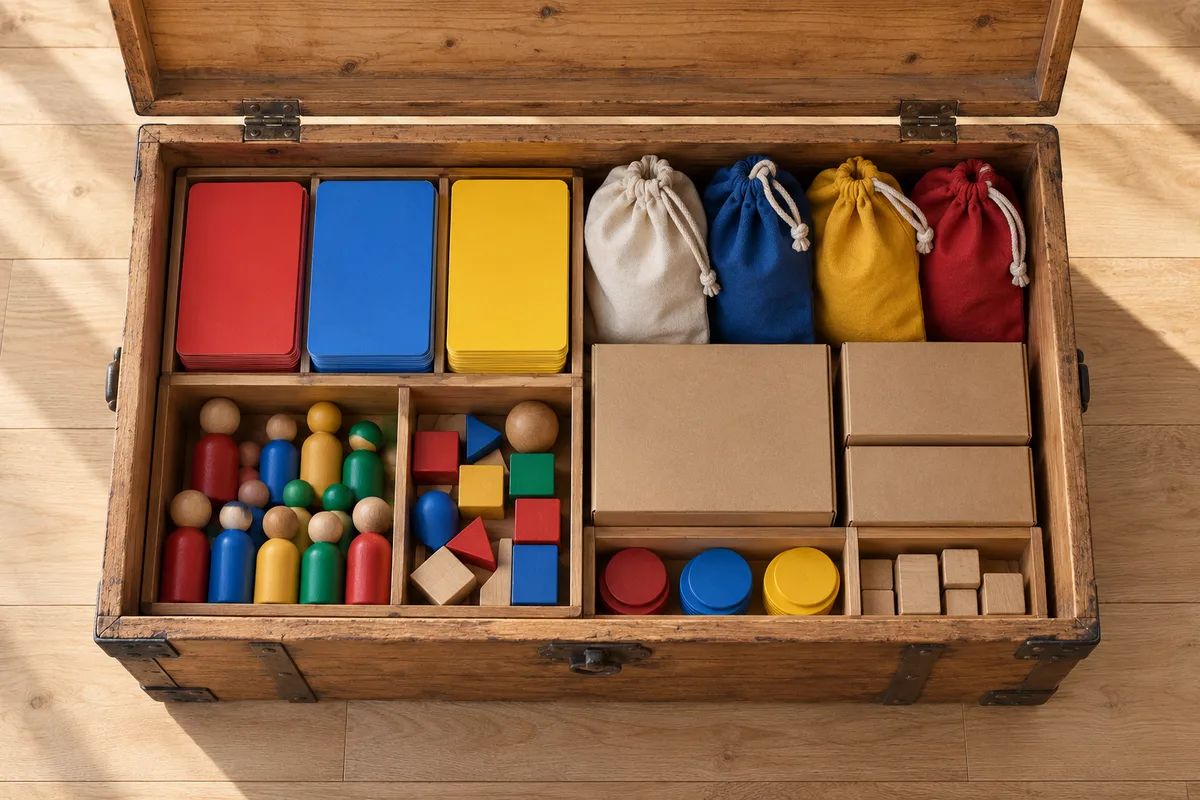 Malle en bois ouverte remplie de cartes colorées, de figurines et de petites boîtes