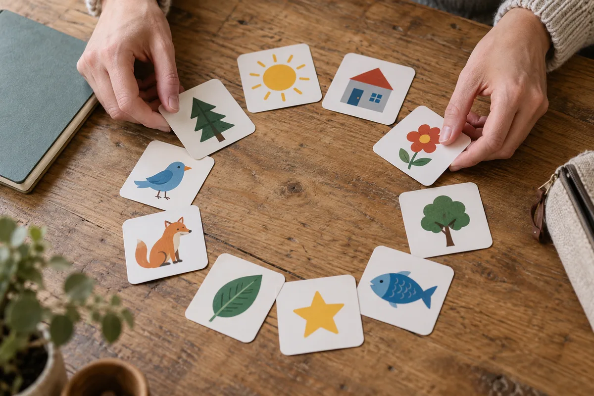 Mains d’adultes disposant des cartes illustrées en cercle sur une table d’atelier