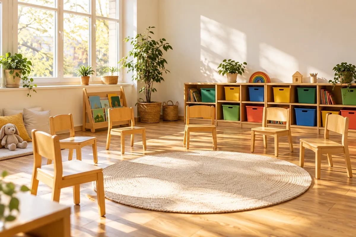 Salle d’atelier vide aux chaises disposées en arc de cercle, lumière de fin de matinée