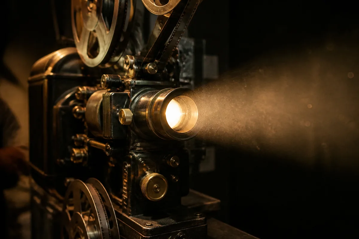 Projecteur de cinéma ancien dans une cabine, faisceau lumineux traversant la poussière