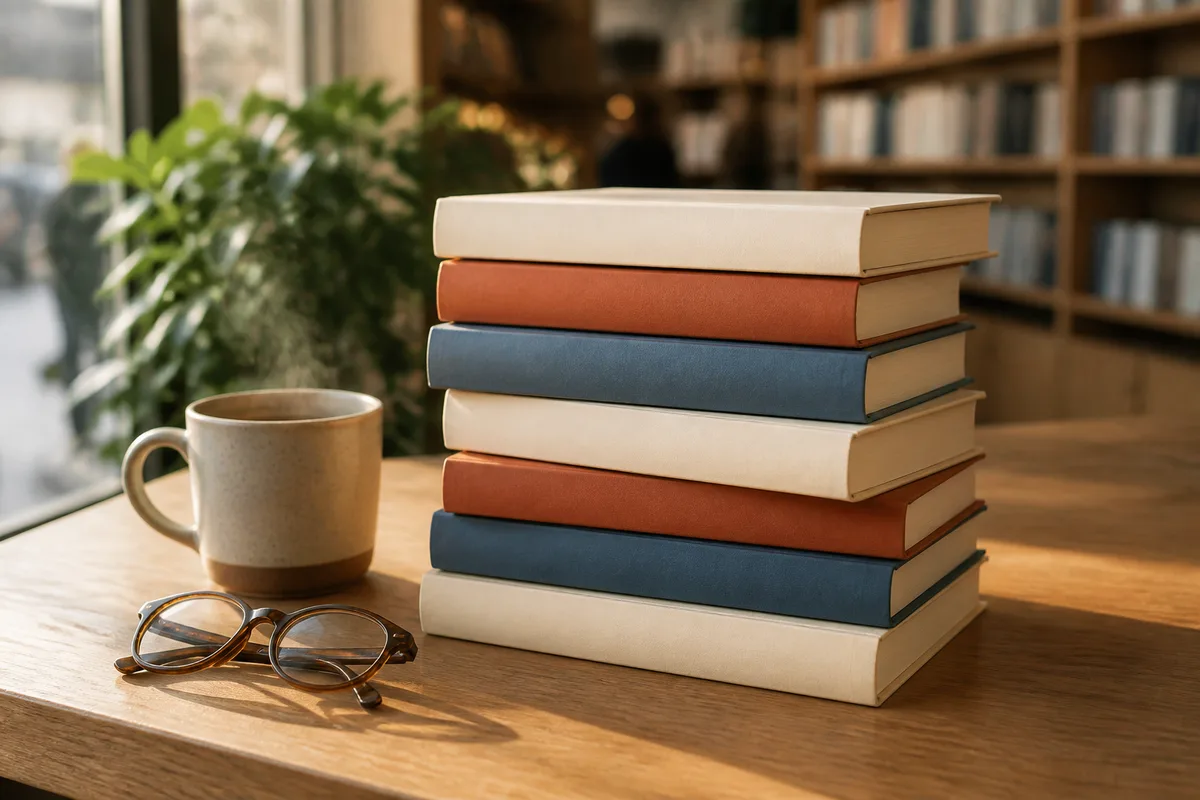 Pile de romans à couverture sobre posée près d’une tasse sur un comptoir de bois
