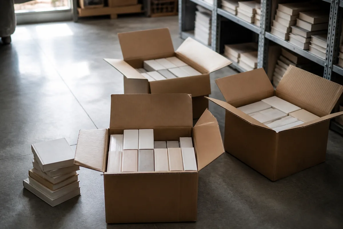 Cartons d’office ouverts au sol d’une réserve de librairie, piles d’ouvrages aux tranches unies, lumière naturelle latérale