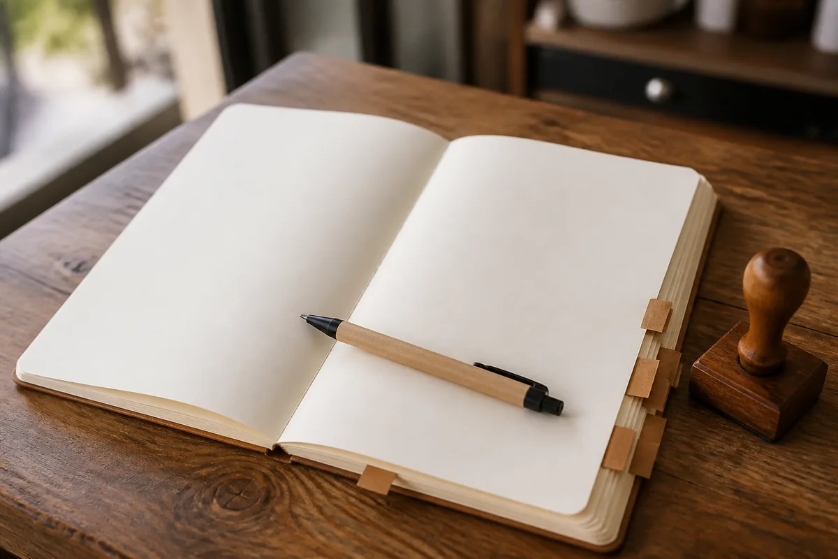 Cahier de commandes ouvert sur un comptoir de bois, étiquettes de réservation glissées entre les pages, lumière douce de matinée