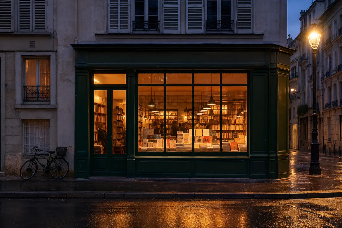Vitrine de librairie éclairée en fin de journée vue depuis le trottoir opposé
