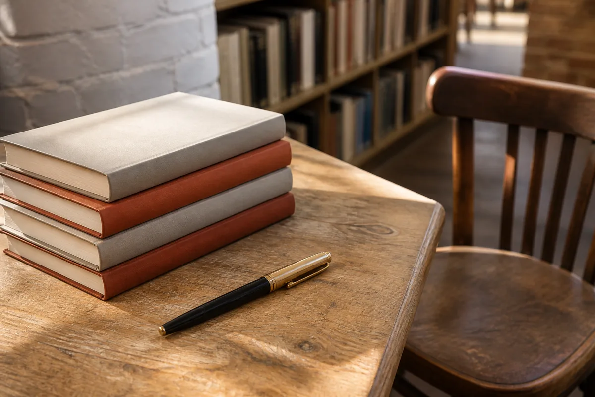 Table de bois clair vide avec un stylo plume posé près d’une pile de livres fermés
