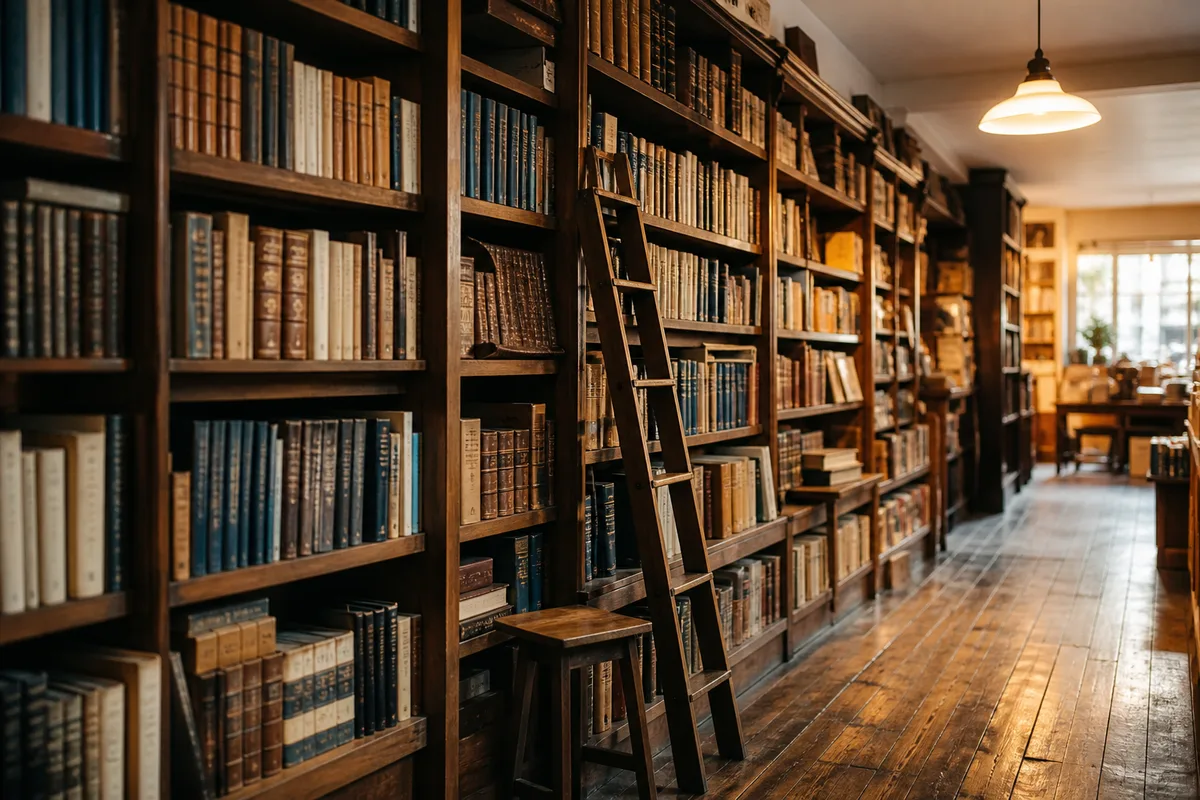 Rayonnages de librairie vus en enfilade avec des tranches de livres floues au second plan