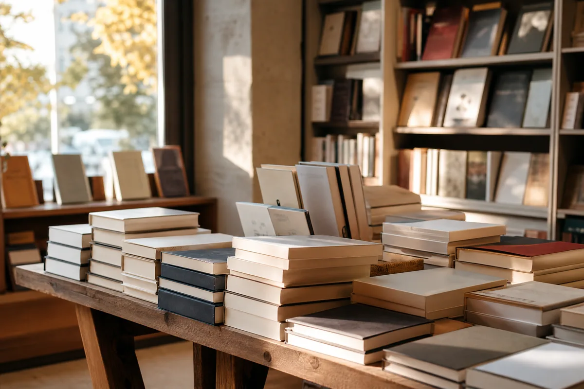 Table de nouveautés dans une librairie de quartier, empilements de romans sous une lumière d&rsquo;automne