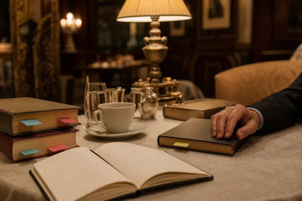 Salle feutrée de délibération, livres annotés et carnets sur une table de restaurant élégant, mains d&rsquo;un juré